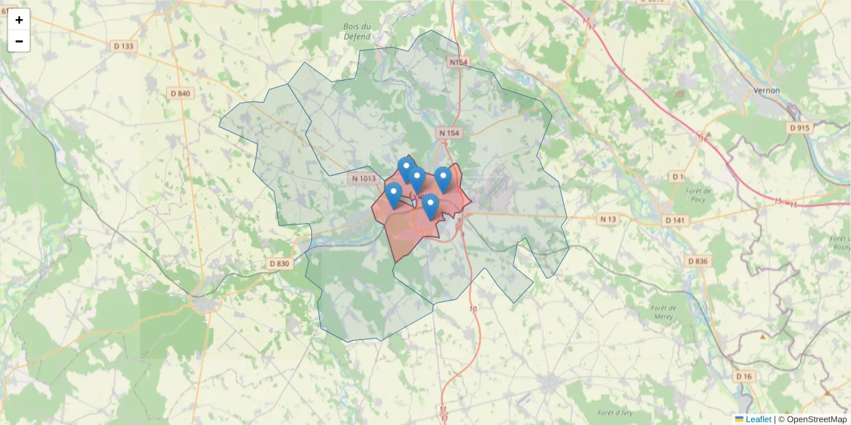 Carte de la zone du code postal  et des codes postaux voisins en France