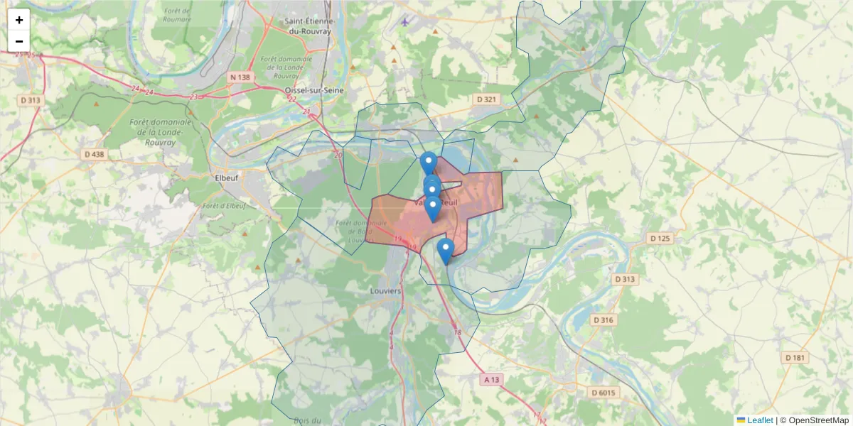 Carte de la zone du code postal  et des codes postaux voisins en France