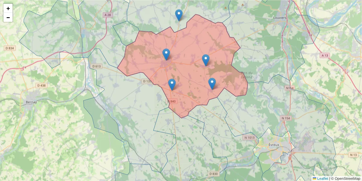 Carte de la zone du code postal  et des codes postaux voisins en France