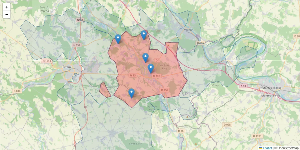 Carte de la zone du code postal  et des codes postaux voisins en France