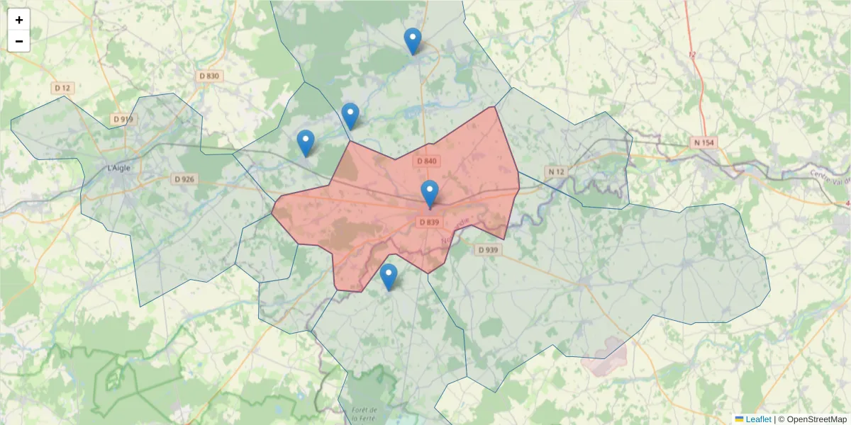 Carte de la zone du code postal  et des codes postaux voisins en France
