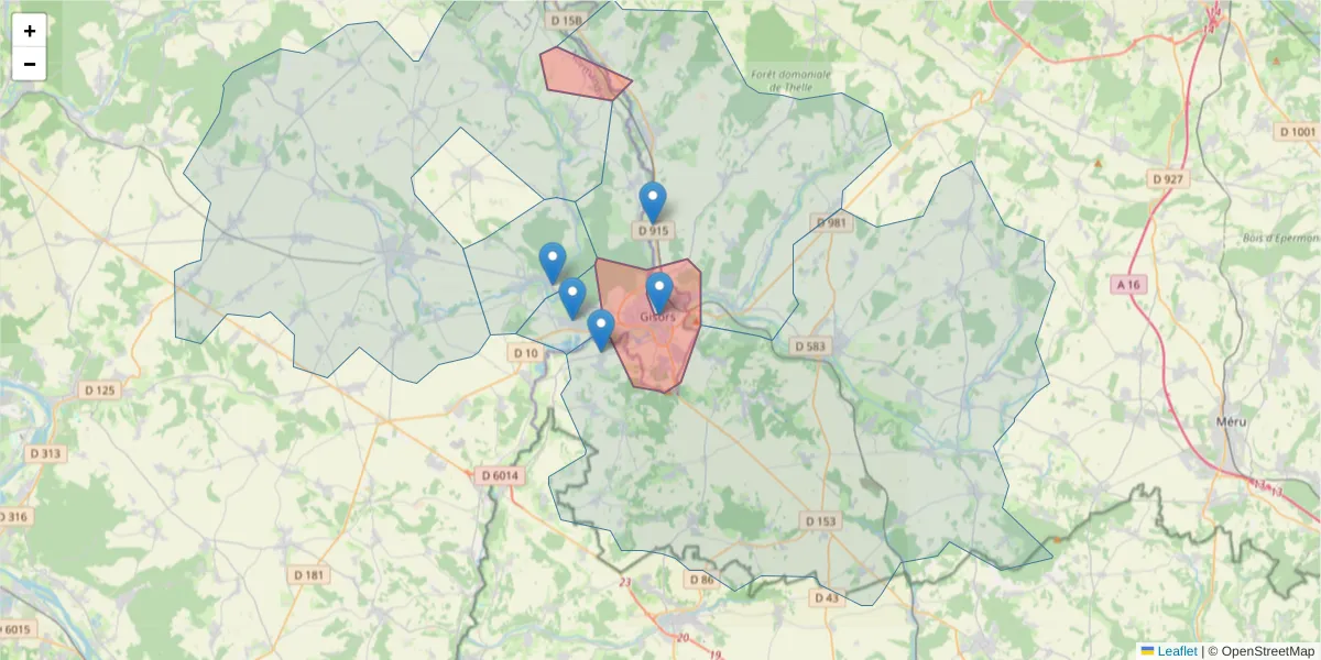 Carte de la zone du code postal  et des codes postaux voisins en France