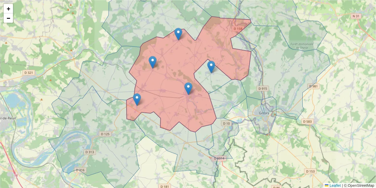 Carte de la zone du code postal  et des codes postaux voisins en France