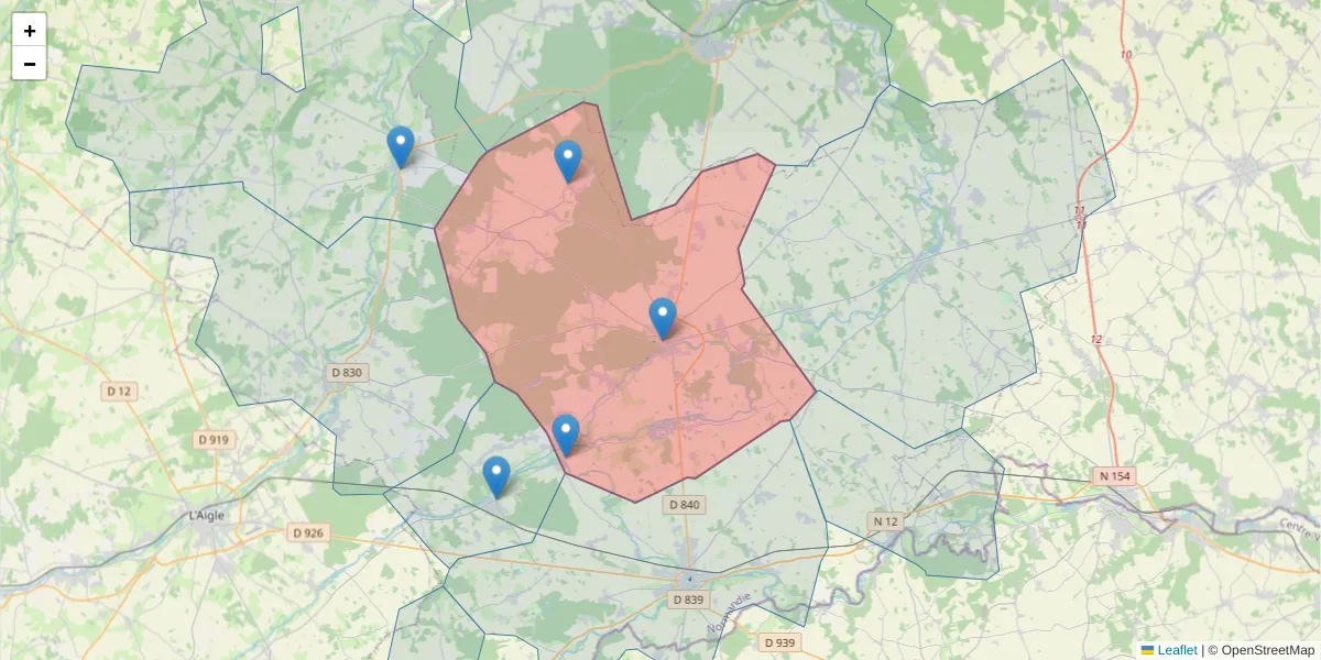 Carte de la zone du code postal  et des codes postaux voisins en France