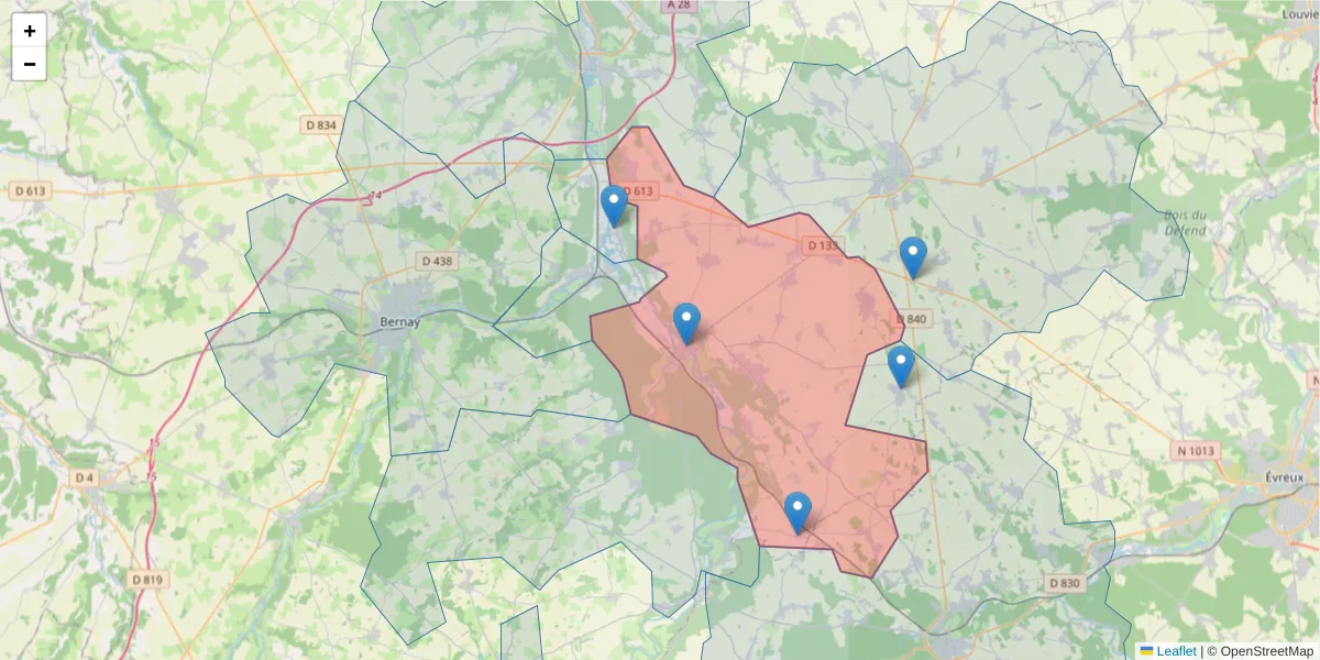 Carte de la zone du code postal  et des codes postaux voisins en France