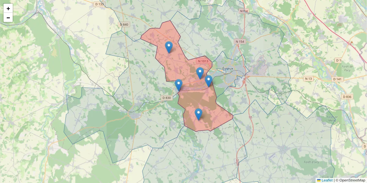 Carte de la zone du code postal  et des codes postaux voisins en France