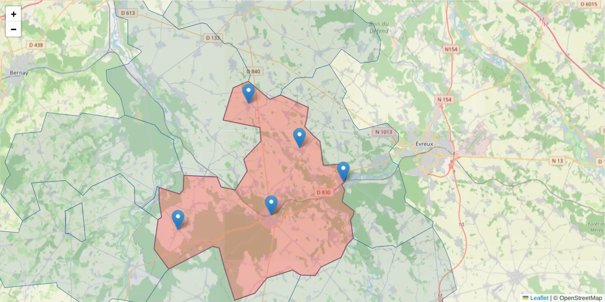 Carte de la zone du code postal  et des codes postaux voisins en France