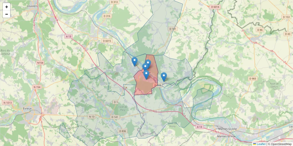 Carte de la zone du code postal  et des codes postaux voisins en France