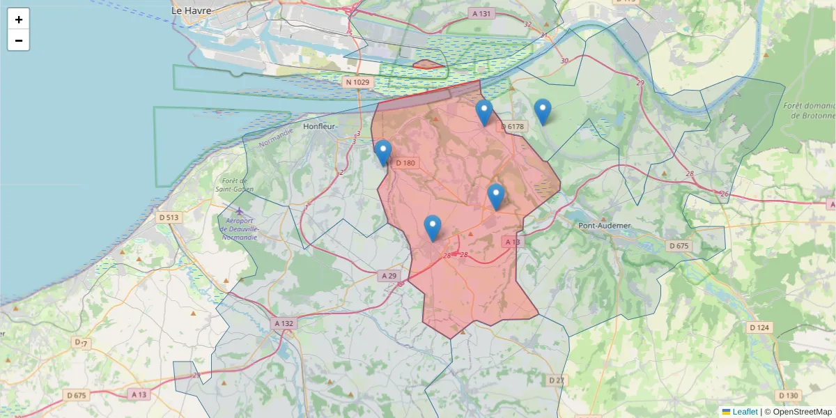 Carte de la zone du code postal  et des codes postaux voisins en France