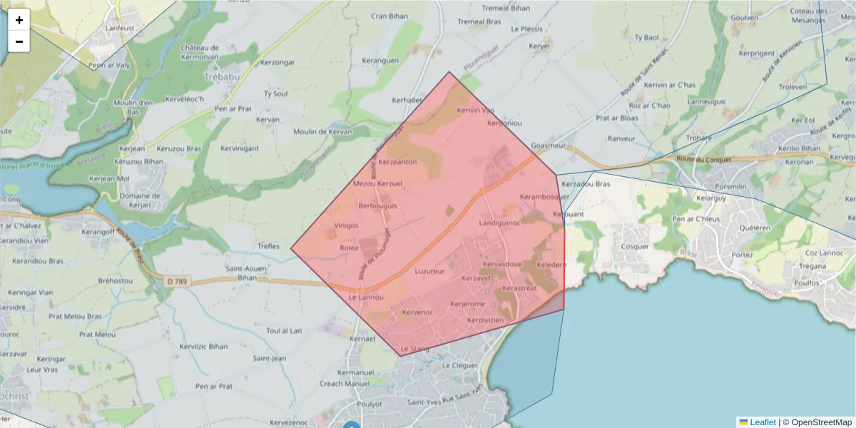 Carte de la zone du code postal  et des codes postaux voisins en France