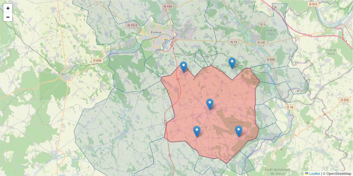 Carte de la zone du code postal  et des codes postaux voisins en France