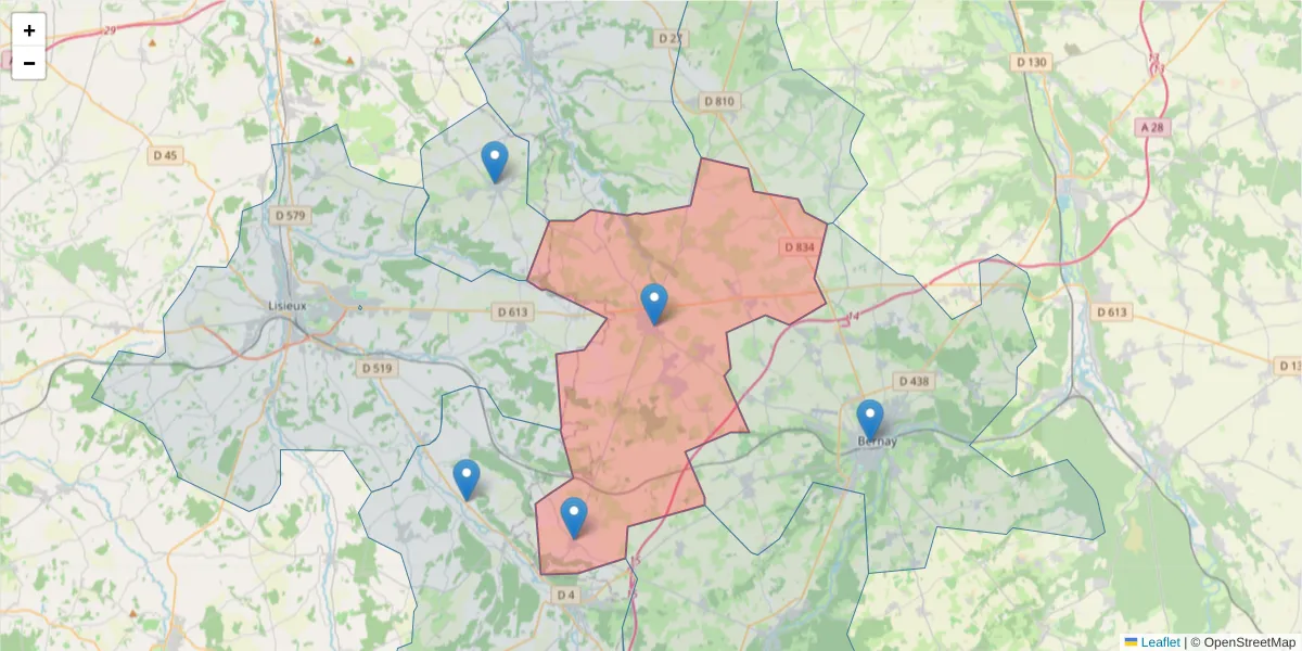Carte de la zone du code postal  et des codes postaux voisins en France