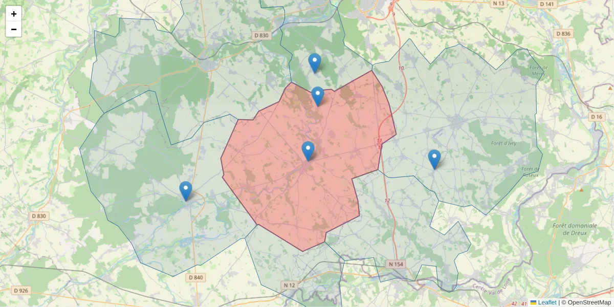 Carte de la zone du code postal  et des codes postaux voisins en France