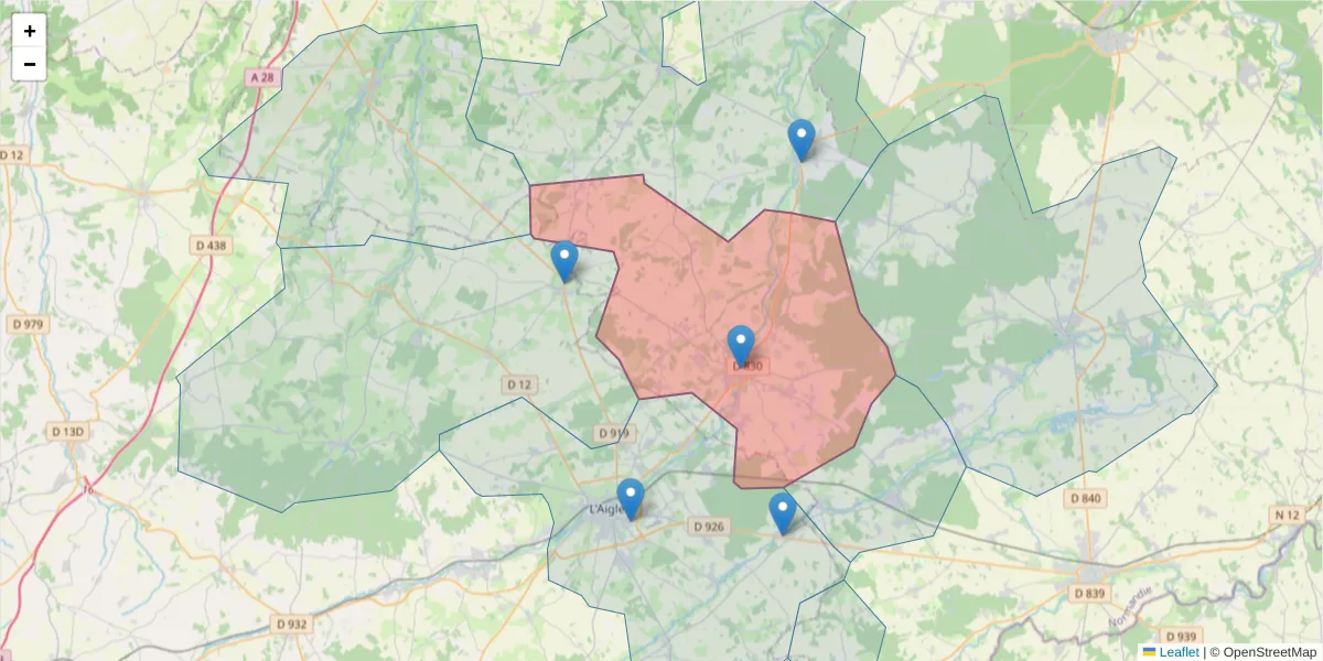 Carte de la zone du code postal  et des codes postaux voisins en France