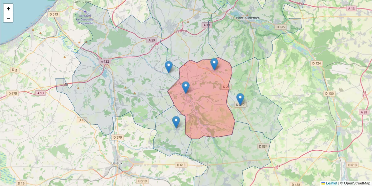 Carte de la zone du code postal  et des codes postaux voisins en France
