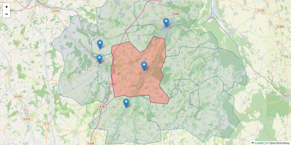 Carte de la zone du code postal  et des codes postaux voisins en France