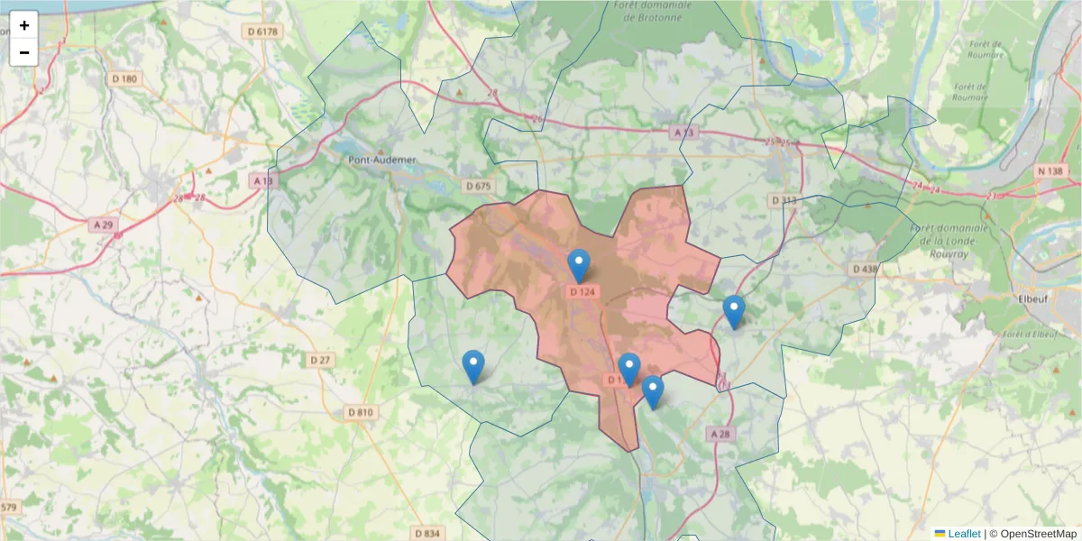 Carte de la zone du code postal  et des codes postaux voisins en France