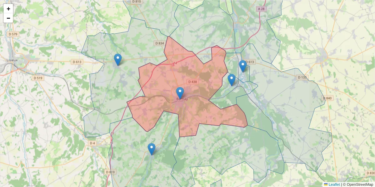 Carte de la zone du code postal  et des codes postaux voisins en France