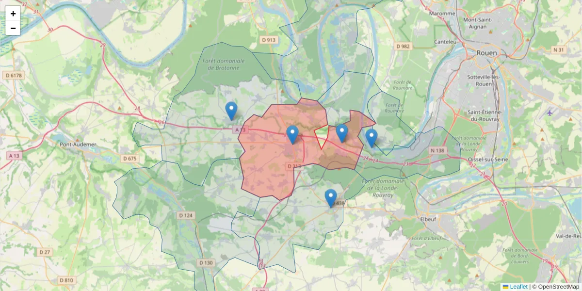 Carte de la zone du code postal  et des codes postaux voisins en France