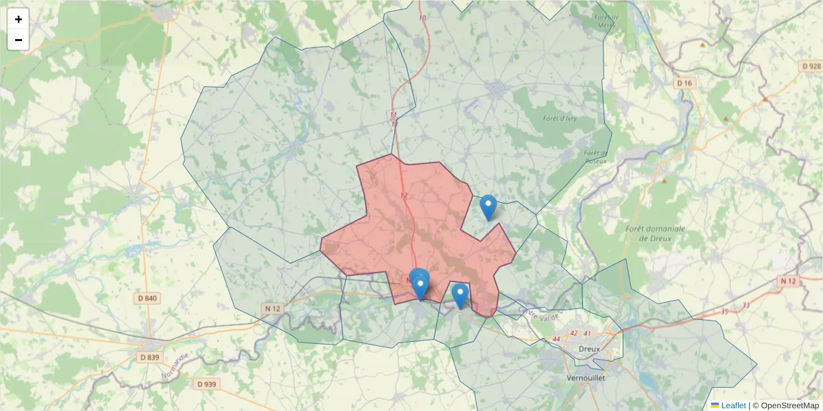 Carte de la zone du code postal  et des codes postaux voisins en France