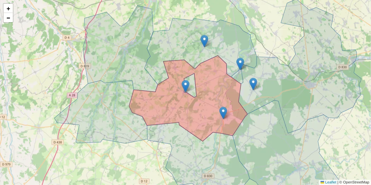 Carte de la zone du code postal  et des codes postaux voisins en France