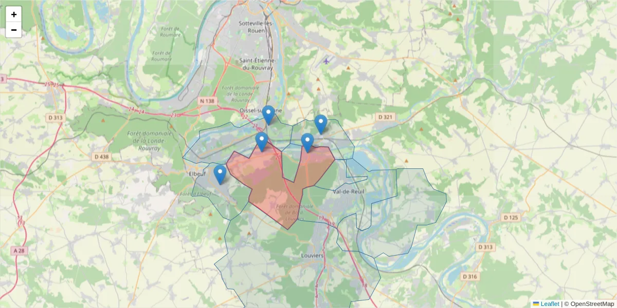 Carte de la zone du code postal  et des codes postaux voisins en France