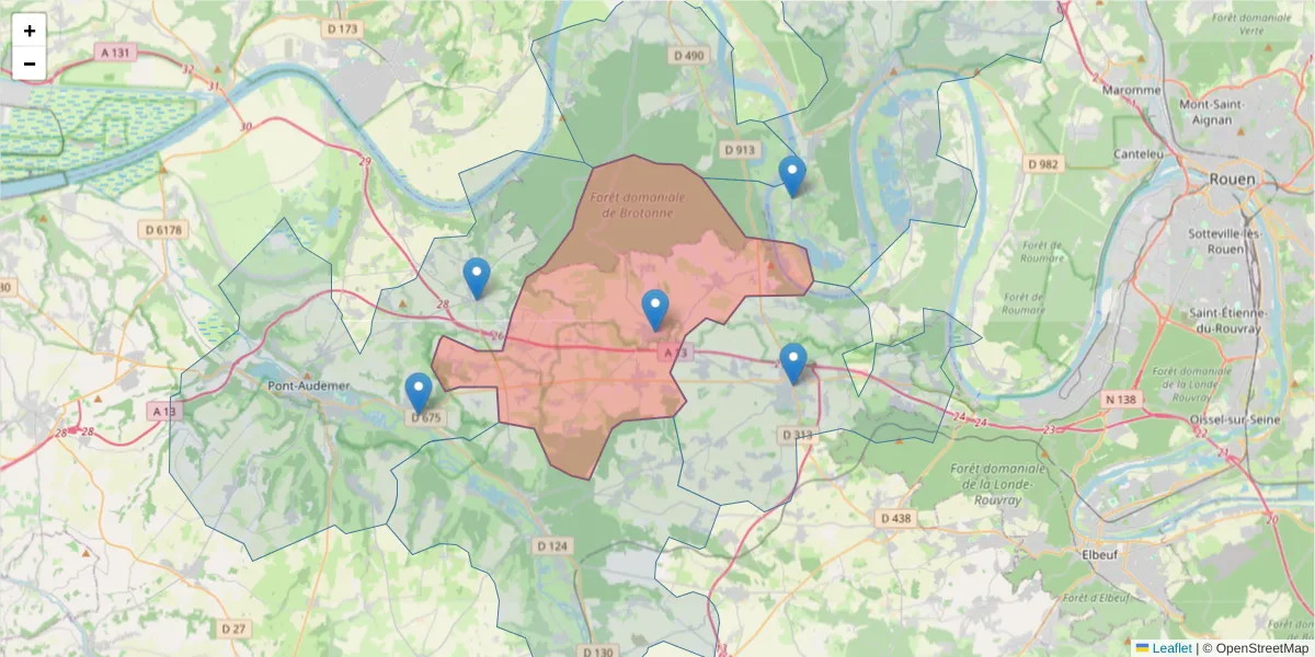 Carte de la zone du code postal  et des codes postaux voisins en France