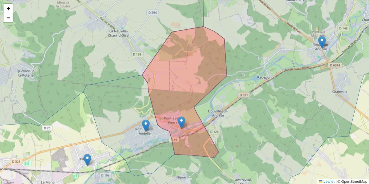 Carte de la zone du code postal  et des codes postaux voisins en France