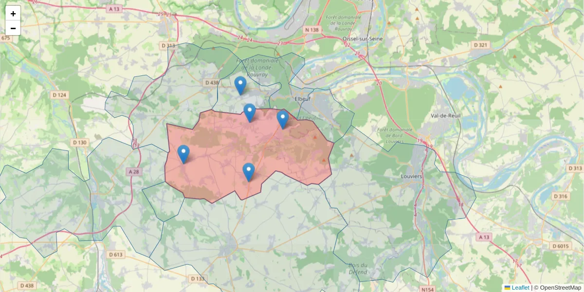 Carte de la zone du code postal  et des codes postaux voisins en France