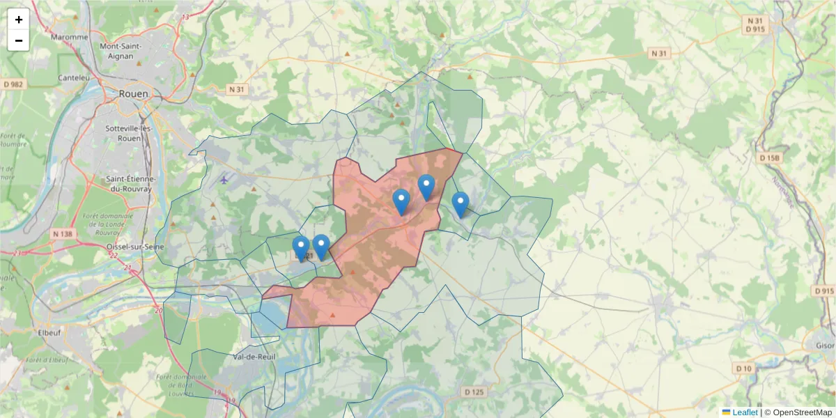 Carte de la zone du code postal  et des codes postaux voisins en France