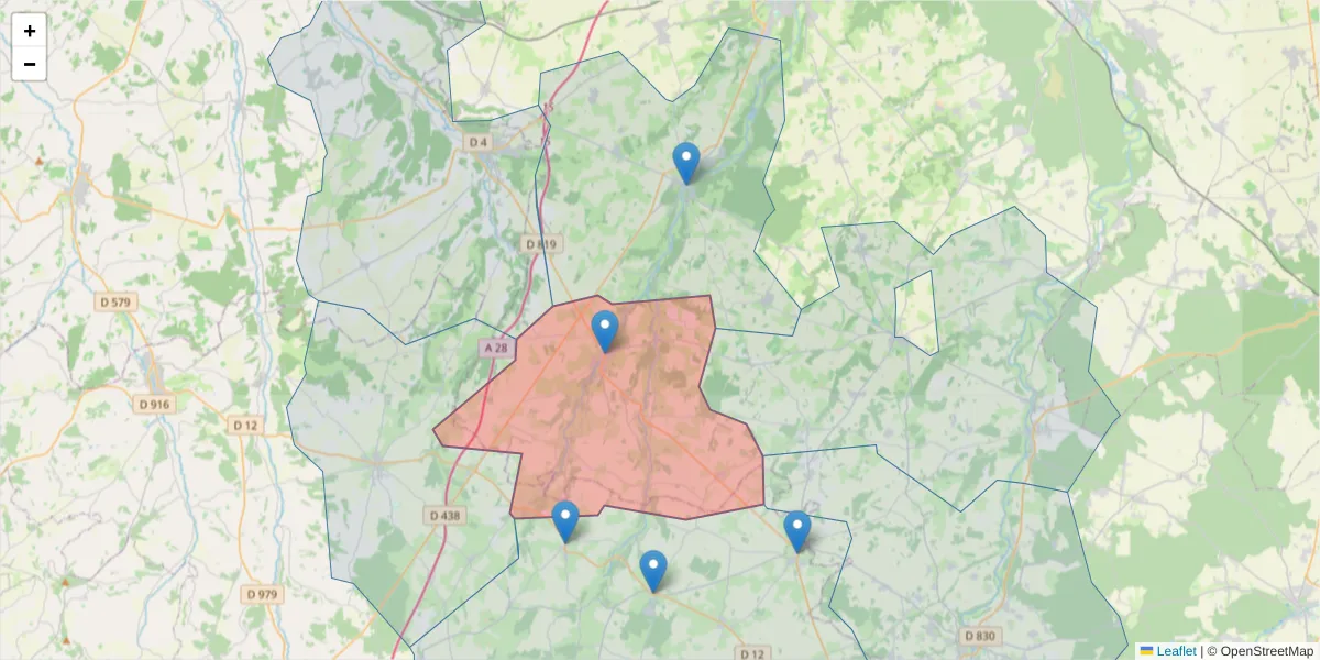 Carte de la zone du code postal  et des codes postaux voisins en France