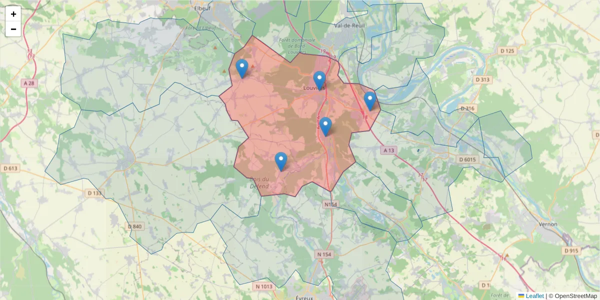 Carte de la zone du code postal  et des codes postaux voisins en France