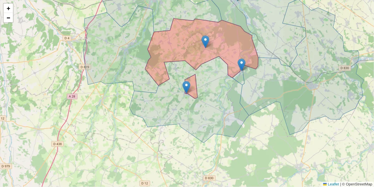 Carte de la zone du code postal  et des codes postaux voisins en France