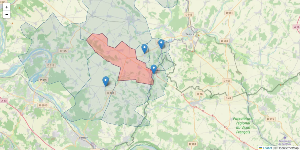 Carte de la zone du code postal  et des codes postaux voisins en France