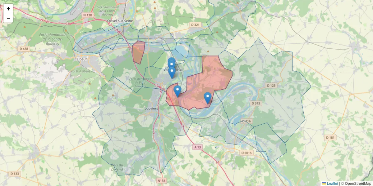 Carte de la zone du code postal  et des codes postaux voisins en France