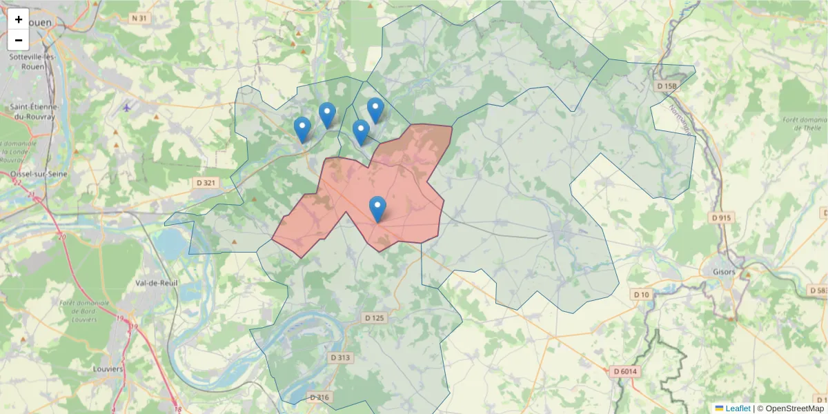 Carte de la zone du code postal  et des codes postaux voisins en France