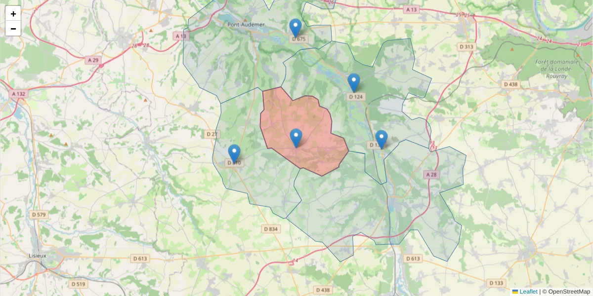 Carte de la zone du code postal  et des codes postaux voisins en France