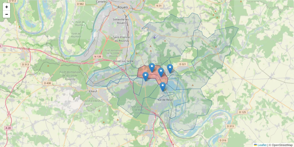Carte de la zone du code postal  et des codes postaux voisins en France