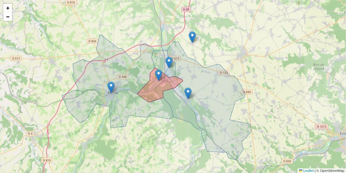 Carte de la zone du code postal  et des codes postaux voisins en France