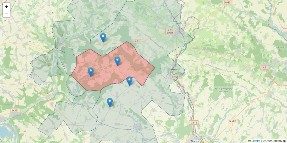 Carte de la zone du code postal  et des codes postaux voisins en France