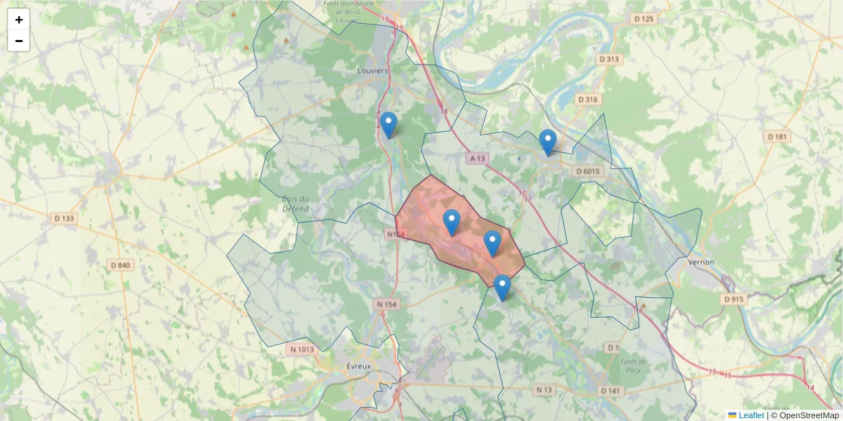 Carte de la zone du code postal  et des codes postaux voisins en France
