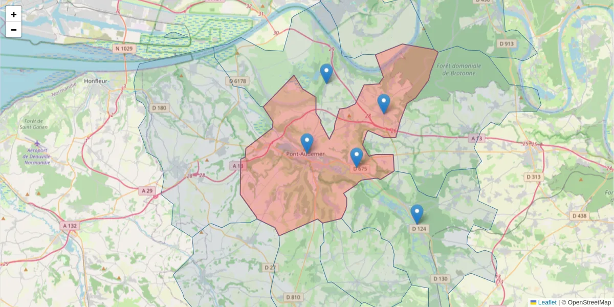 Carte de la zone du code postal  et des codes postaux voisins en France