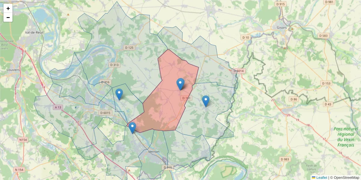 Carte de la zone du code postal  et des codes postaux voisins en France