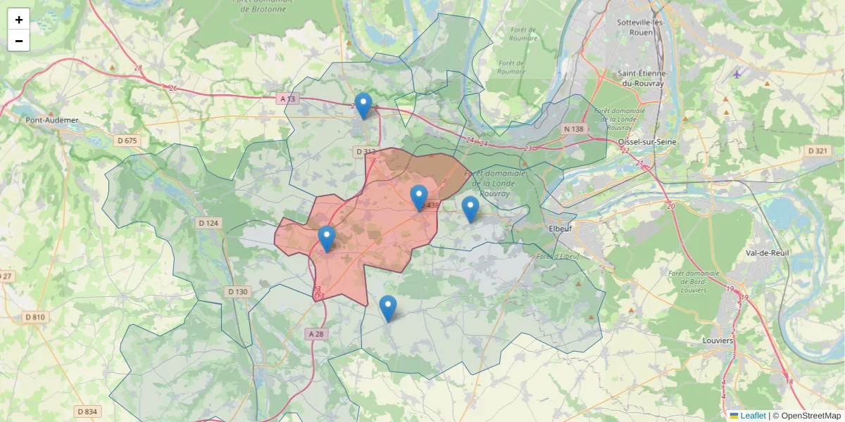 Carte de la zone du code postal  et des codes postaux voisins en France