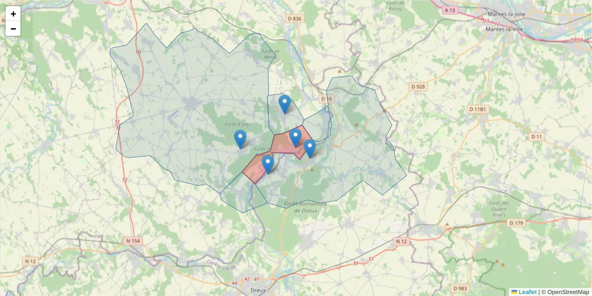 Carte de la zone du code postal  et des codes postaux voisins en France
