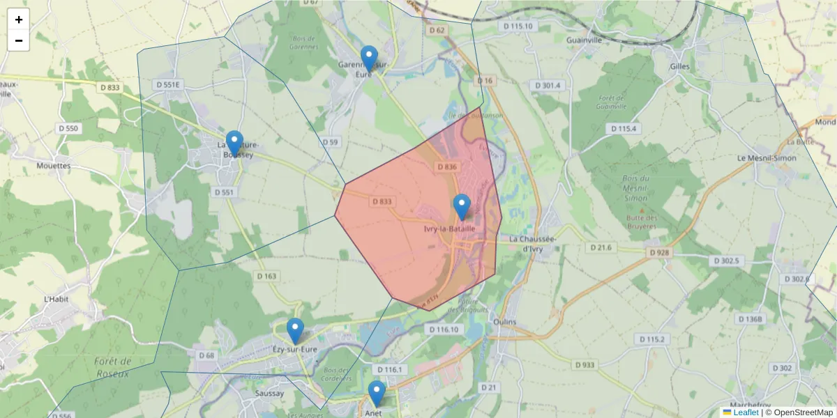 Carte de la zone du code postal  et des codes postaux voisins en France