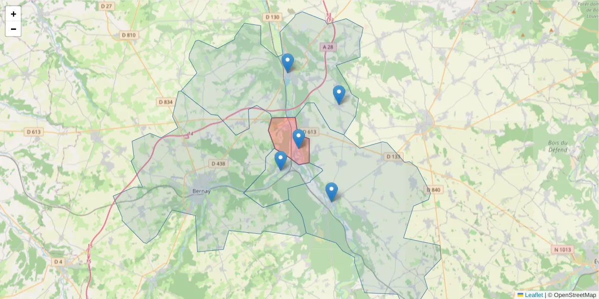 Carte de la zone du code postal  et des codes postaux voisins en France