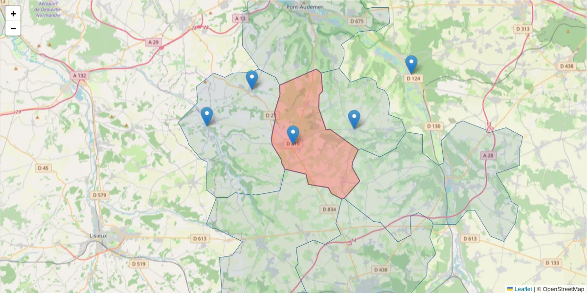 Carte de la zone du code postal  et des codes postaux voisins en France