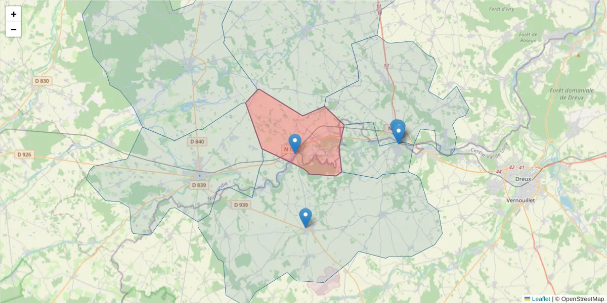 Carte de la zone du code postal  et des codes postaux voisins en France