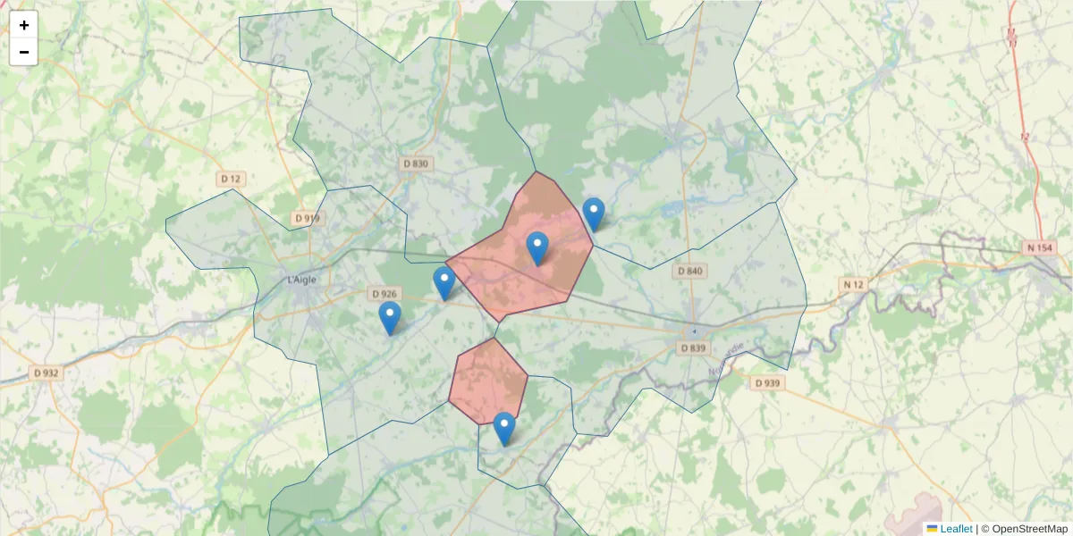 Carte de la zone du code postal  et des codes postaux voisins en France